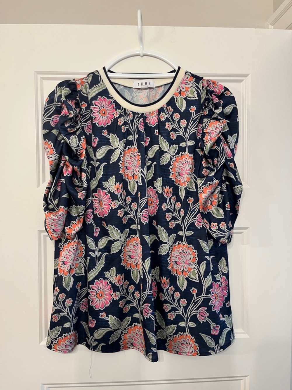 THML Navy Floral Puff-Sleeve Top with Pink & Coral Flowers